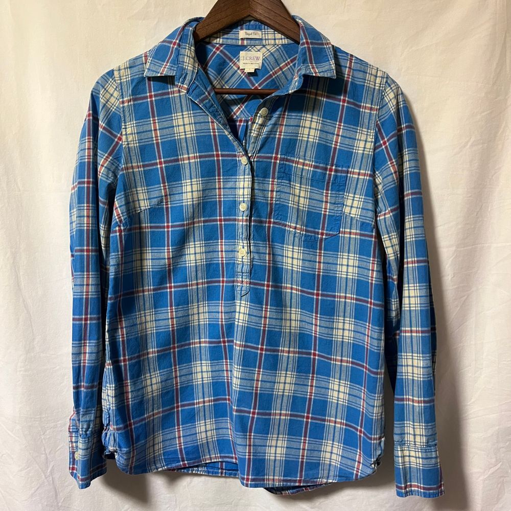 J. CREW Perfect Fit Red White Blue Plaid‎ Cotton Pullover Shirt Top Women's S